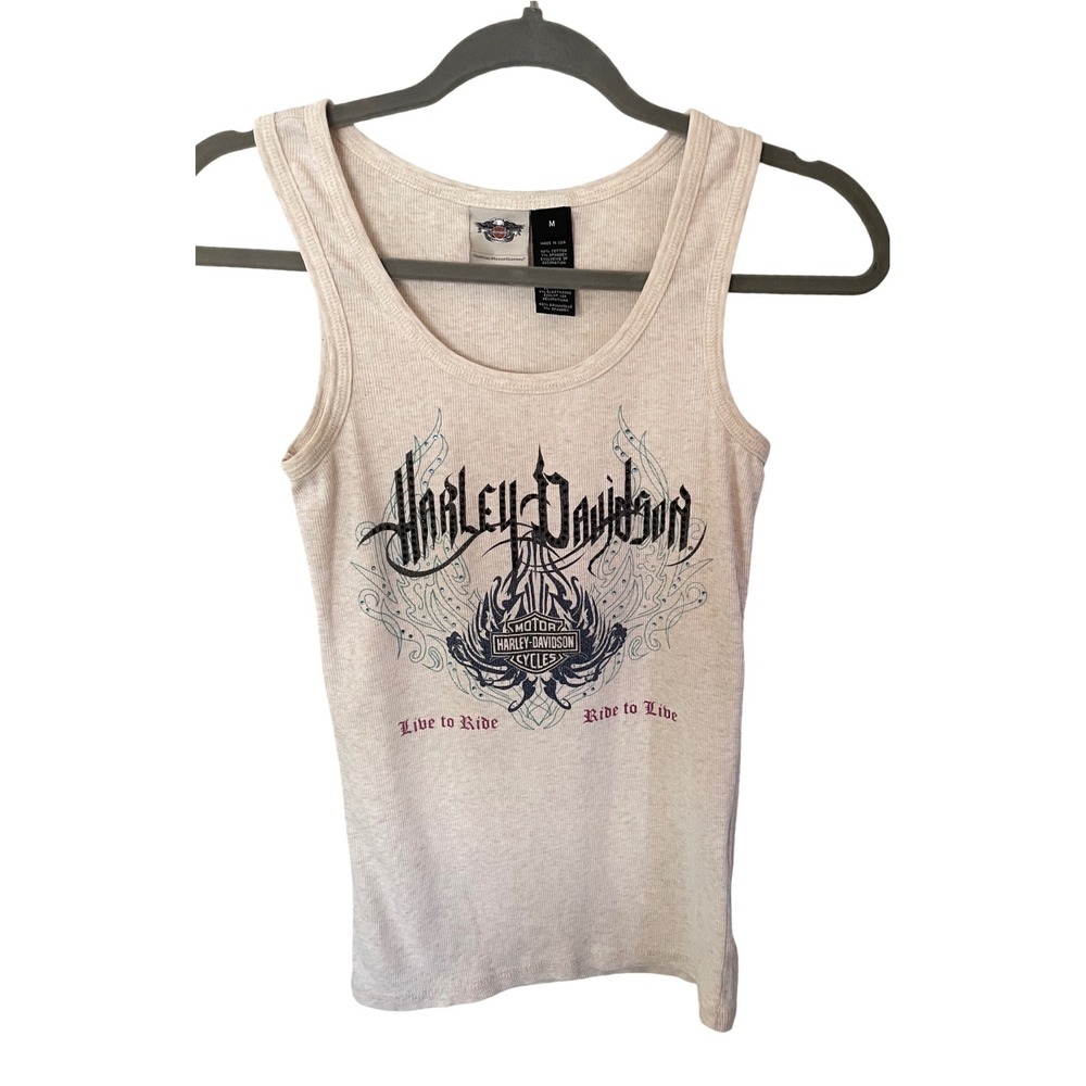Vintage Harley Davidson Y2K Rhinestone Tank Top Medium Cream Ribbed Live to Ride